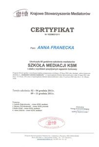 Certyfikat Anna Francecka Mediacje