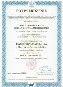 Certyfikat Anna Francecka Psychotraumatologia