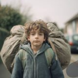 Chłopiec w wieku około 10-12 lat niosący zbyt ciężki plecak, idący samotnie ulicą osiedlową